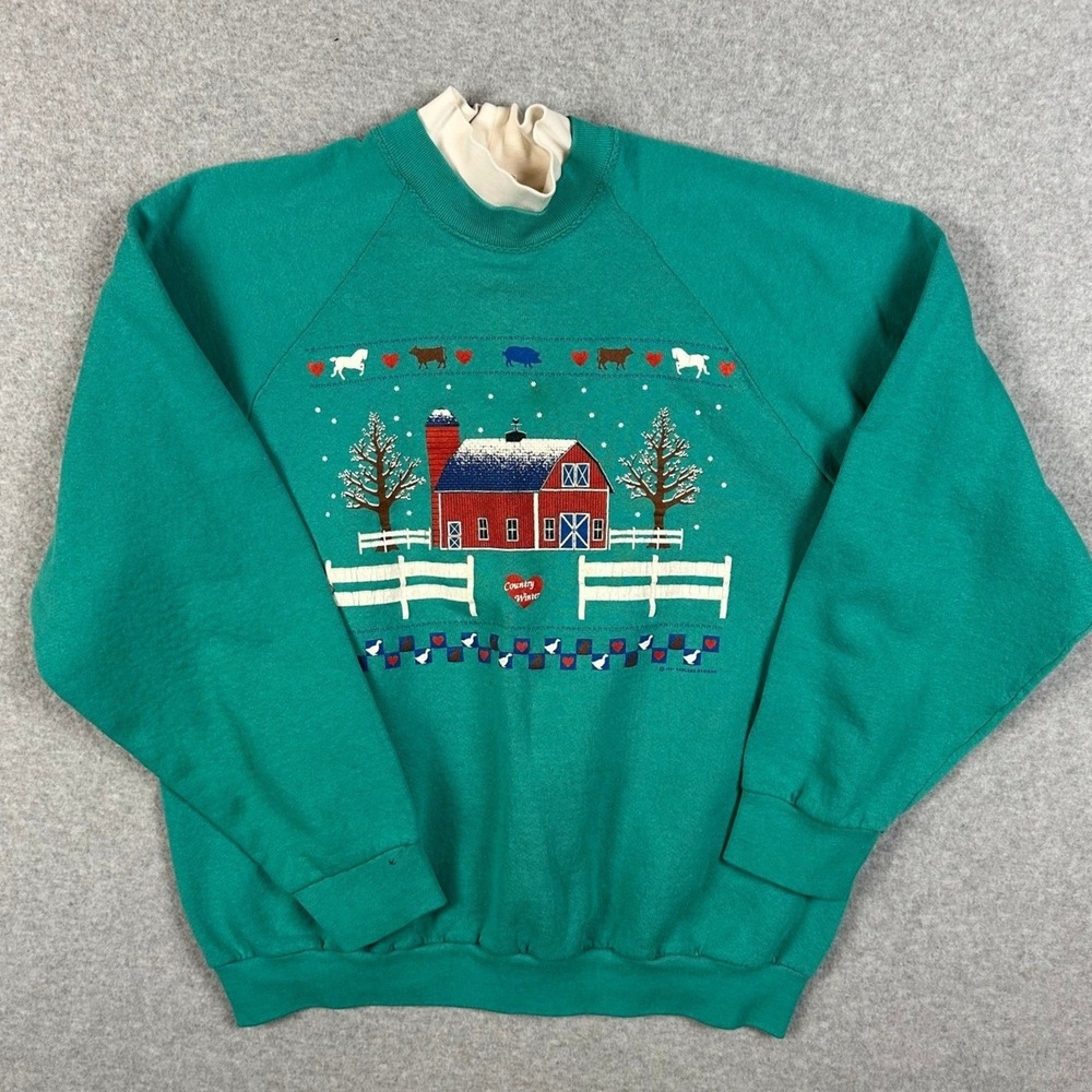 Vintage Fruit of the Loom Country Winter Mock Neck Sweatshirt‎ Teal XL Barn Farm - Picture 2 of 12